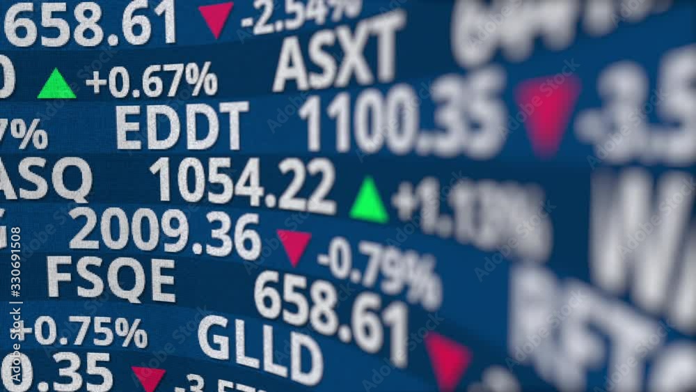 Fictional stock exchange tickers on the monitor. Loobable 3D animation