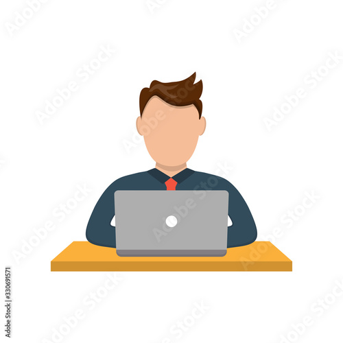 Man working on a laptop computer. Surfing in the internet. And chatting with friends. Shopping online and making payment. Isolated flat vector illustration