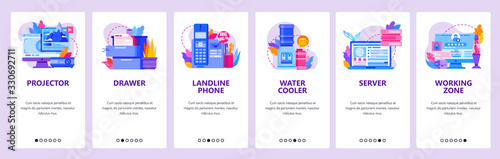 Office and business devices. Landline phone, water cooler, server, secure access. Mobile app onboarding screens. Vector banner template for website mobile development. Web site design illustration