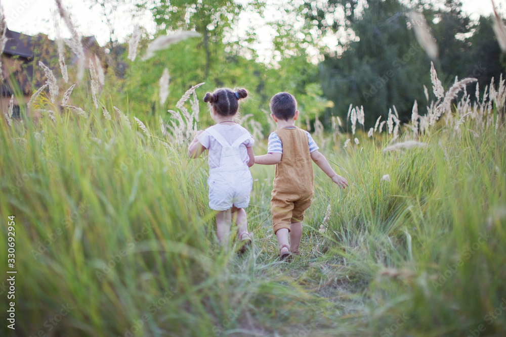 Little boy and girl play in the field at sunset