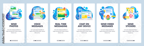 Social media messenger mobile phone app. Send voice and text message. Video call and online chat, sticker. Vector screen template for website and mobile development. Web site design illustration