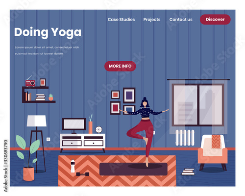 Vrksasana tree yoga pose. Woman doing yoga at home. Healthy lifestyle. Vector web site design template. Landing page website concept illustration.