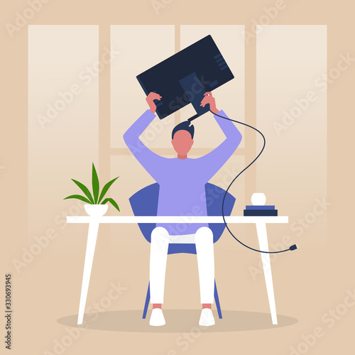 Mental breakdown, anger and despair, young male character throwing a monitor, office life, stress at work