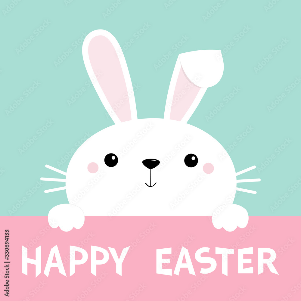 Happy Easter bunny rabbit face and paws. Cute cartoon kawaii funny baby  character. Long ears. Farm animal collection. Blue background. Spring  greeting card. Isolated. Flat design Stock Vector | Adobe Stock