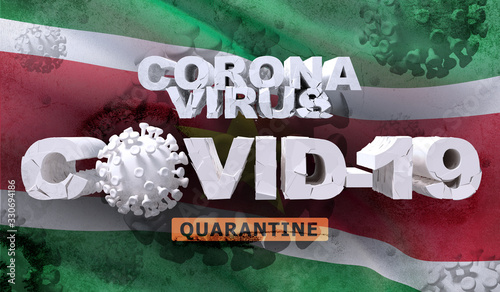 Coronavirus disease COVID-19 infection concept on waving national flag of Suriname. Waved highly detailed close-up 3D render. photo