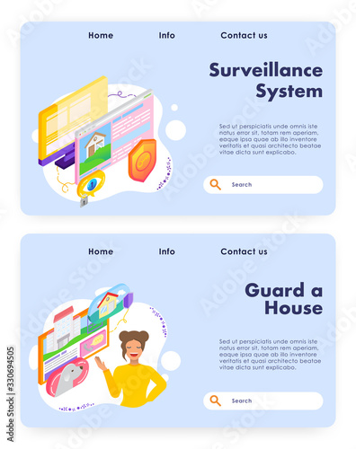 House protection and surveillance system. Home guard, dog, emergency call. Vector web site design template. Landing page website concept illustration.