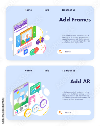 Photo gallery carousel and frame. Augmented reality technology, mobile phone game. Vector web site design template. Landing page website concept illustration.