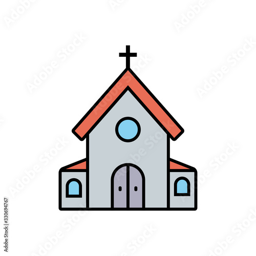 Church building with cross flat icon. Vector sign, colorful pictogram isolated on white. Church house symbol, logo illustration. Flat style design