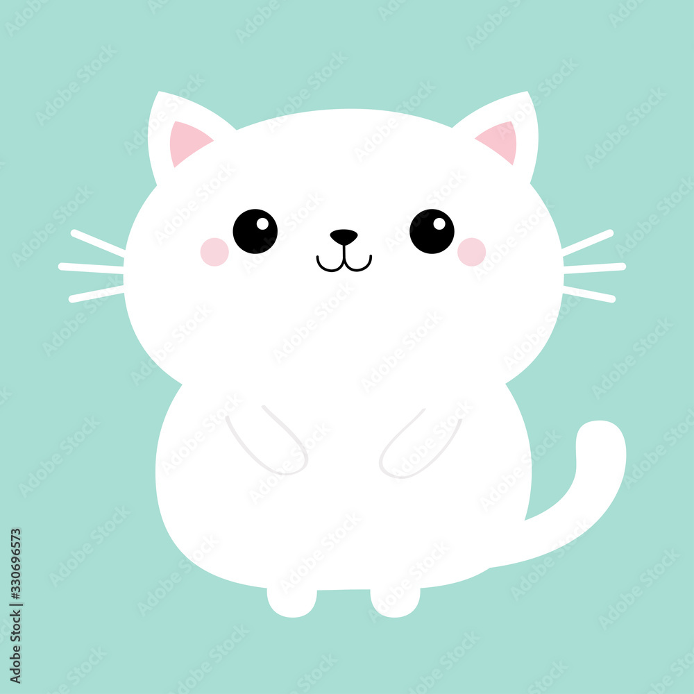 White cat kitten kitty icon. Cute kawaii cartoon round character. Funny head face. Happy Valentines Day. Pink cheeks. Baby greeting card template. Blue background. Isolated. Flat design. White cat kitten kitty icon. Cute kawaii cartoon round character. Funny head face. Happy Valentines Day. Pink cheeks. Baby greeting card template. Blue background. Isolated. Flat design.