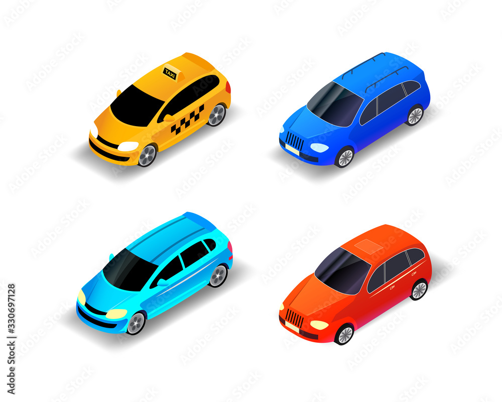 Fototapeta Cars isometric illustration, different cars isolated on white background, color car illustration, blue, yellow, red,cyan
