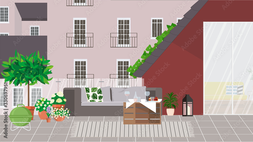 Balcony with glass railing, garden furniture, grill, potted plants and city views.