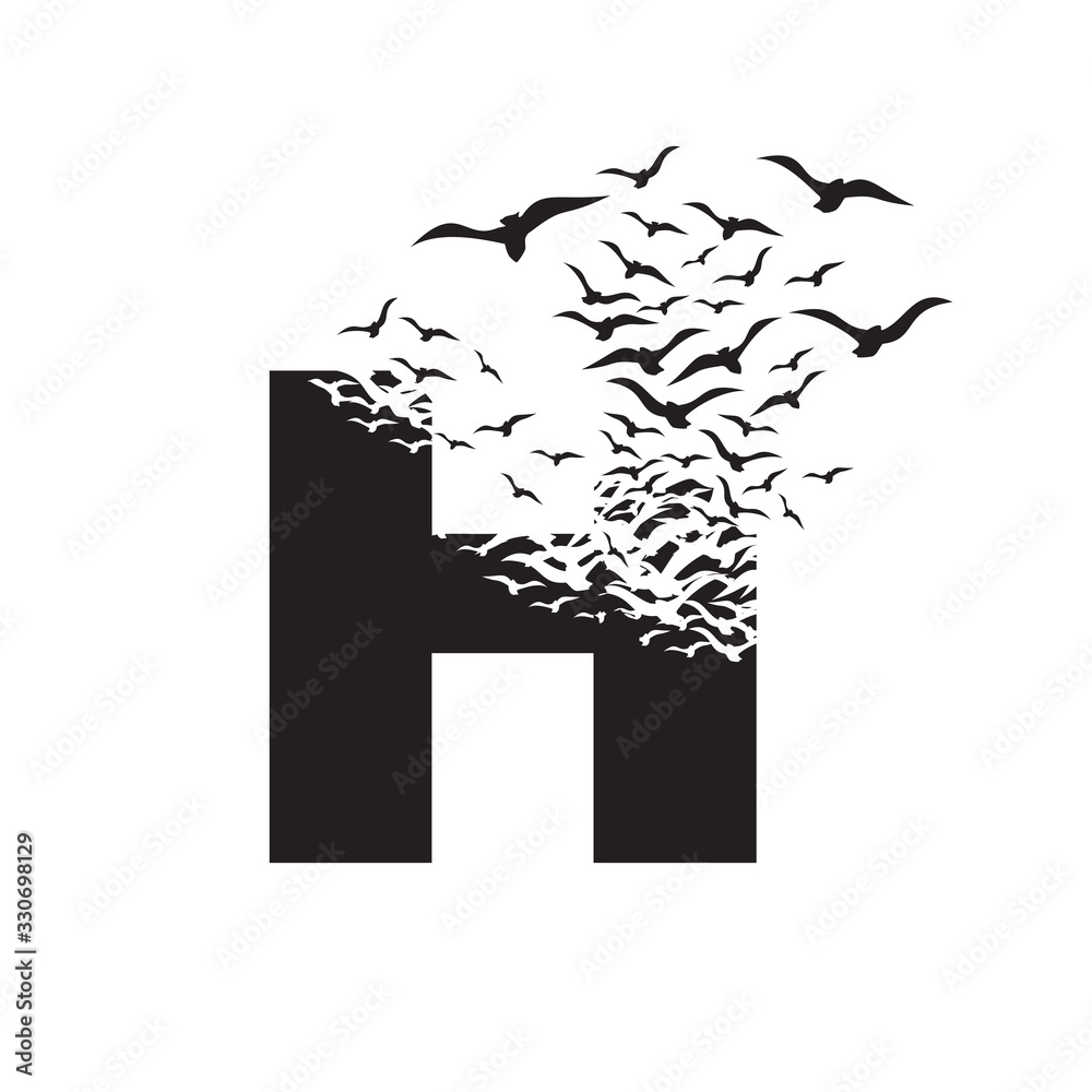 letter H with effect of destruction. Dispersion. Birds
