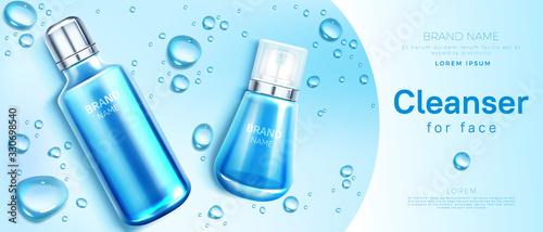 Cleanser, lotion and cream for face cosmetics bottle realistic vector banner. Skin care cosmetic pump tube on blue background with water drops. Facial skin care product packaging design, promo mockup