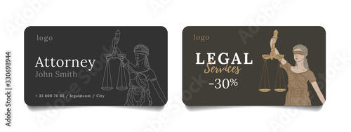 Bussiness cards for law firm or attorney with line illustration of blind goddess of justice Femida with scales, corporate style element