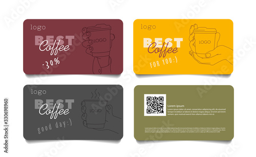 Coffee discount coupon voucher cards with line sketch illustration of hand holding apaper cup, coffee to go concept, promo template, set of cards front and back