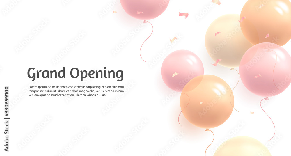 Background with pastel delicate soft air balloons of round shape and confetti, flying in random on white backdrop to the right side of the composition and text grand opening of woman or girl bussiness