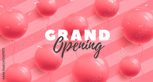 grand opening poster with pink round shaped balloons on pink srtiped background with confetti, trendy modern 3d graphic with typography
