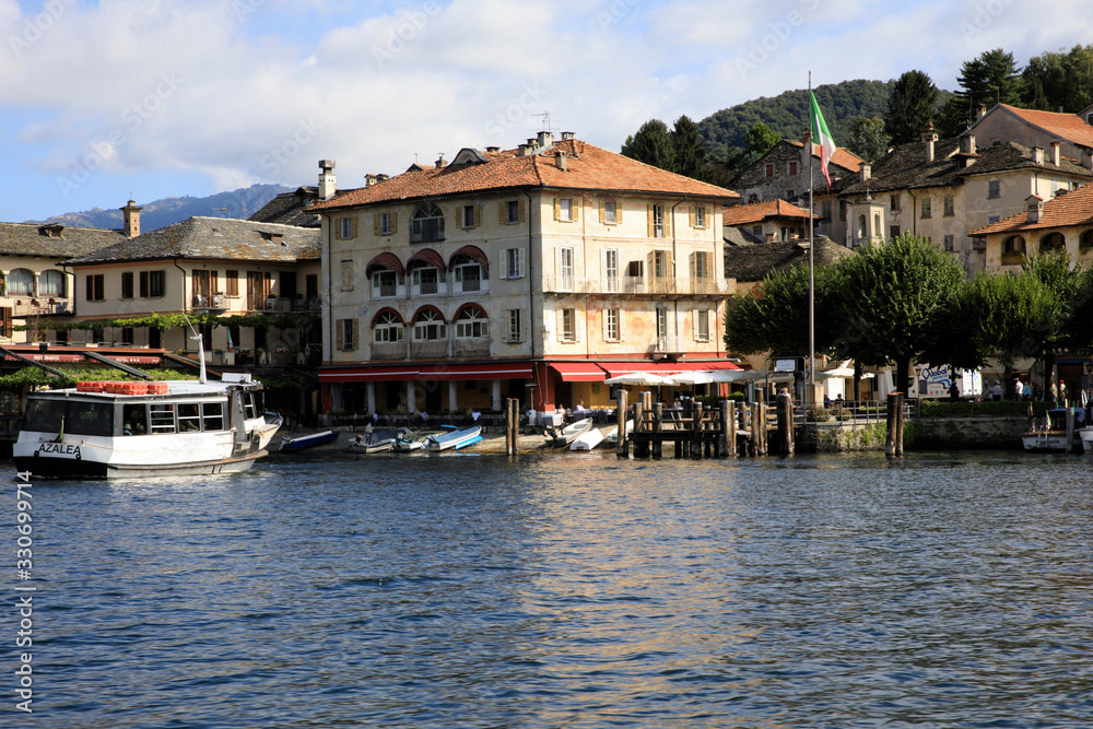 Orta San Giulio (NO), Italy - September 02, 2019: The little port in Orta lake, Orta, Novara, Piedmont, Italy Orta San Giulio (NO), Italy - September 02, 2019: The little port in Orta lake, Orta, Novara, Piedmont, Italy