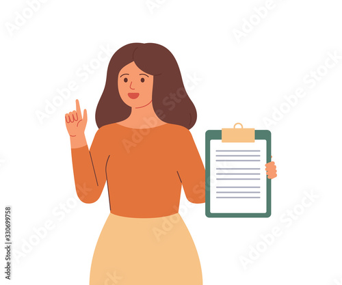 The woman holds a checklist and points up with her finger. Girl with resume in her hand says something. Vector illustration