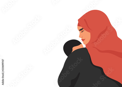 Back view of arabian Mother Holding Baby Son in her arms. Mother`s Day concept with saudi woman and her child. vector illustration isolated on white