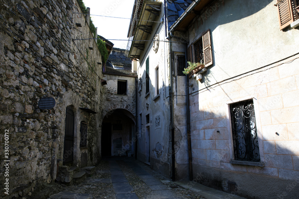 Orta San Giulio (NO), Italy - September 02, 2019: Houses detail in Orta San Giulio island, Orta, Novara, Piedmont, Italy