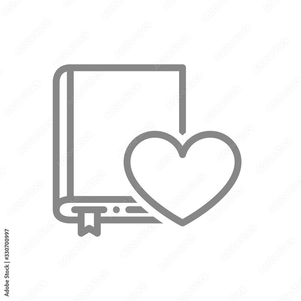 Love diary line icon. Heart with book, love stories, like, feedback symbol Love diary line icon. Heart with book, love stories, like, feedback symbol