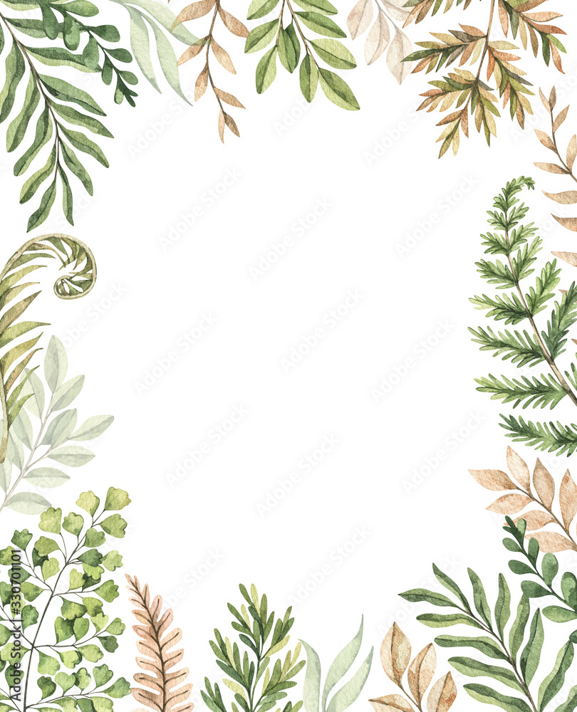 Botanical watercolor frame with green leaves, fern, herbs and branches. Watercolor illustration. Floral invitation Design. Perfect for wedding invitations, greeting cards, blogs, posters, logo