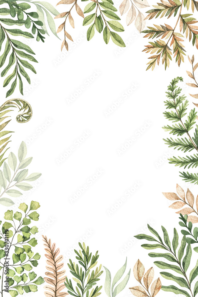 Botanical watercolor frame with green leaves, fern, herbs and branches. Watercolor illustration. Floral invitation Design. Perfect for wedding invitations, greeting cards, blogs, posters, logo Botanical watercolor frame with green leaves, fern, herbs and branches. Watercolor illustration. Floral invitation Design. Perfect for wedding invitations, greeting cards, blogs, posters, logo