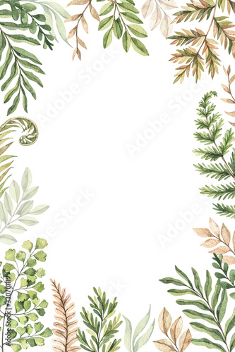 Botanical watercolor frame with green leaves, fern, herbs and branches. Watercolor illustration. Floral invitation Design. Perfect for wedding invitations, greeting cards, blogs, posters, logo