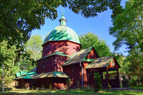 Scenic view of medieval Greek Catholic wooden church of St. Onuphrius, Busk, Lviv region, Ukraine