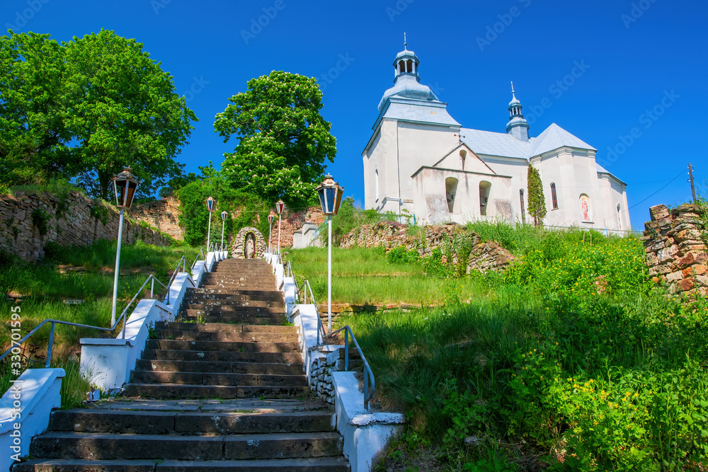 Staircase to medieval fortified Trinity Church in Dolyna, Ternopil region, Ukraine