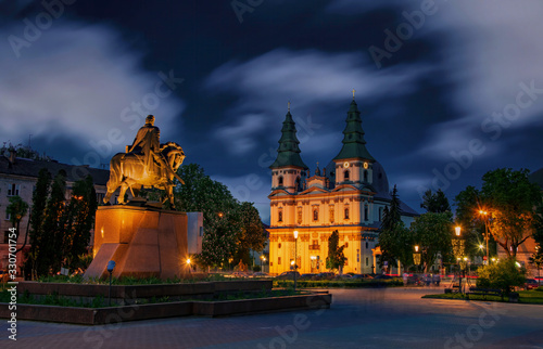 Picturesque nightscape of central square of Ternopil, Ukraine. photo