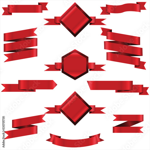 Red Ribbon Set In Isolated For Celebration And Winner Award Banner White Background, Vector Illustration can use for anniversary, birthday, party, event, holiday And others.