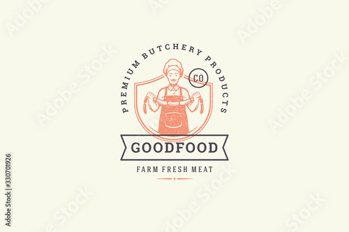 Hand drawn logo male butcher holding sausages silhouette and modern vintage typography retro style vector illustration