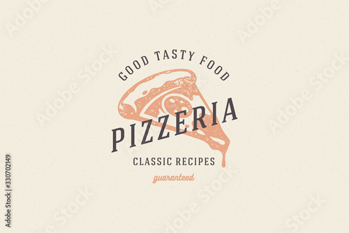 Hand drawn logo pizza slice silhouette and modern vintage typography retro style vector illustration