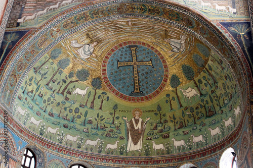 Ravenna, Italy - September 12, 2015: The apse mosaic with the face of Christ in the Basilica of Sant'Apollinare in Classe