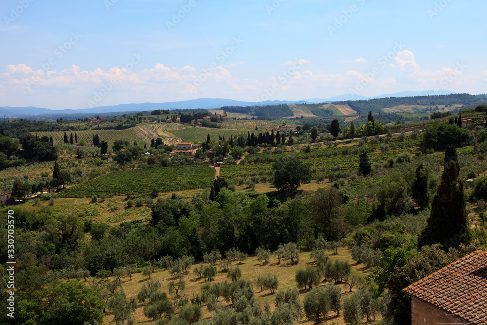 San Gimignano (SI), Italy - April 10, 2017: View of country landscape in San Gimignano, Tuscany, Italy