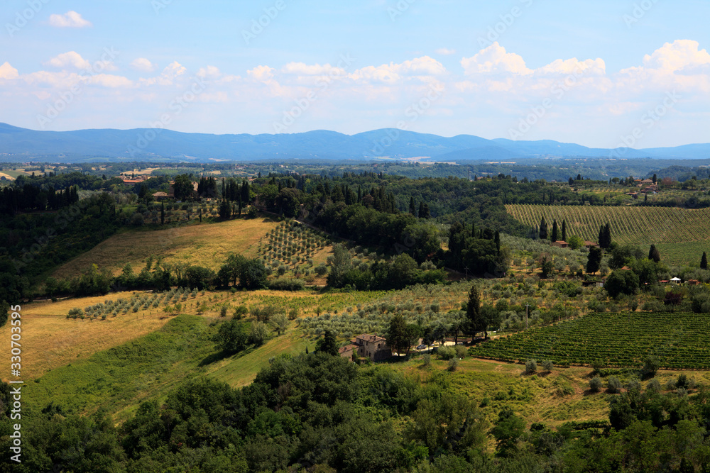 San Gimignano (SI), Italy - April 10, 2017: View of country landscape in San Gimignano, Tuscany, Italy