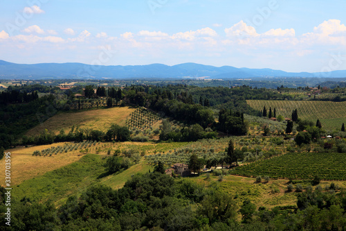 San Gimignano (SI), Italy - April 10, 2017: View of country landscape in San Gimignano, Tuscany, Italy