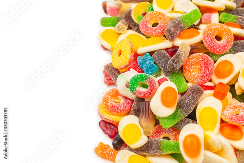 Assorted gummy candies. Top view. Jelly sweets.