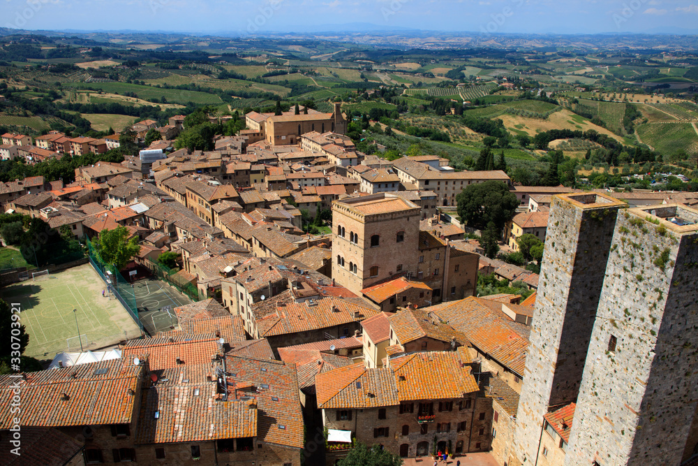 San Gimignano (SI), Italy - April 10, 2017: View of San Gimignano from the top of the tower, Siena, Tuscany, Italy