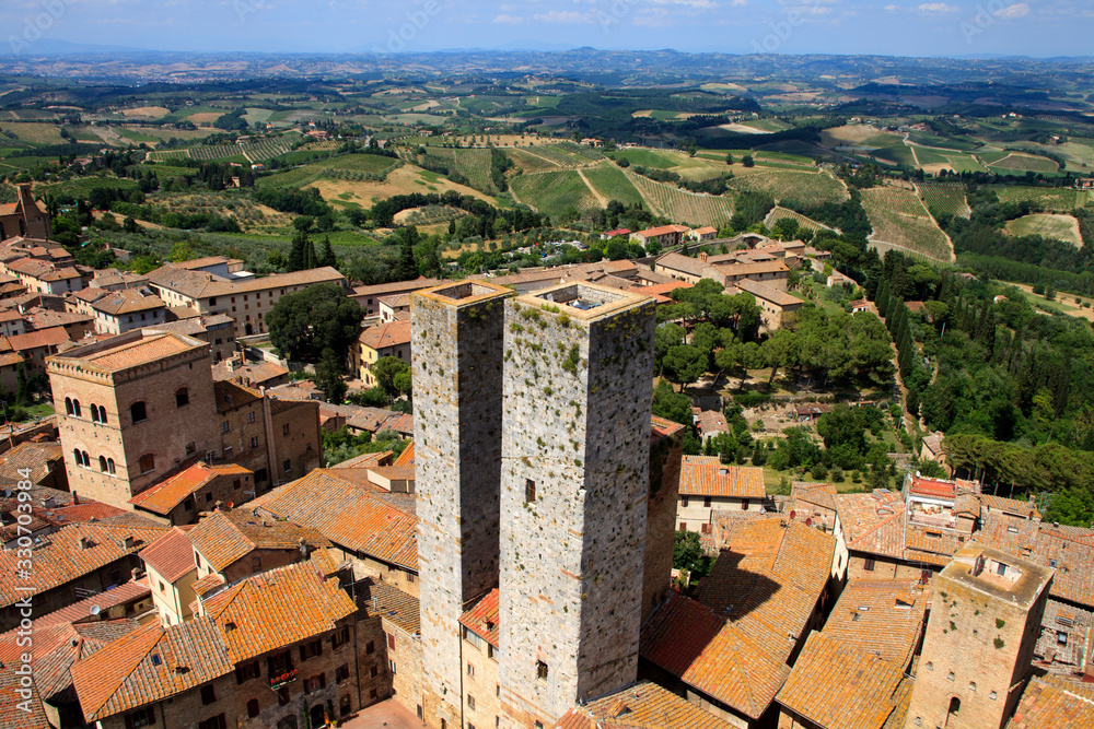 San Gimignano (SI), Italy - April 10, 2017: View of San Gimignano from the top of the tower, Siena, Tuscany, Italy