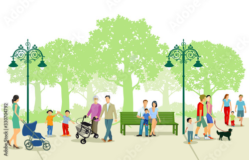 Stadtpark mit Familien und Personen in der Freizeit