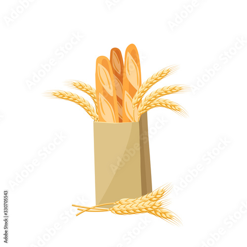 Baguette in paper bag. Bread and wheat ripe spike ear. Vector illustration cartoon flat icon isolated on white.