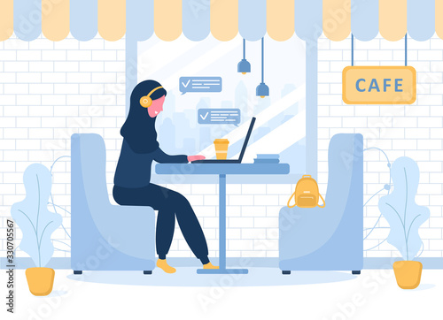 Womens freelance. Arabian girl in hijab with laptop in headphones sitting at a table in Cafe. Concept illustration for working outdoors, studying, communication, healthy lifestyle. Flat style.