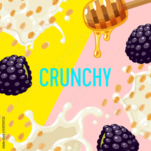 Packaging label design template for granola bar, oatmeal cereal with blackberry. Colorful vector cartoon illustration.