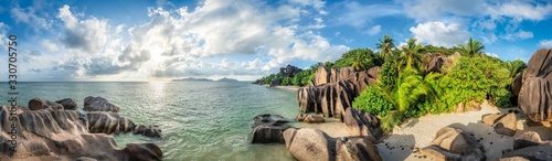 Panoramic view of Anse Source d'Argent beach in the Seychelles