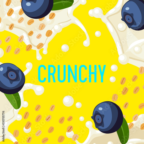 Packaging label design template for granola bar, oatmeal cereal with blueberry. Colorful vector cartoon illustration.