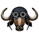 Portrait of buffalo, bison, bull, cow. Face of animal. Aviator flying leather helmet with googles.