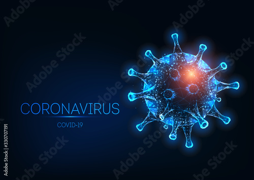Futuristic glowing low polygonal Coronavirus covid-19 cell isolated on dark blue background.